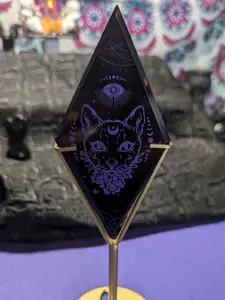 Obsidian Diamond With Occult Cat Double Sided Laser Engraved With Stand