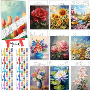 10 Set Pre Printed Canvas Pre Drawn Canvas Painting with Easel Kits 5" x 7" Outline Painting Panels for Beginners, DIY Craft Project, Party Favor, Home Decors(Flower)