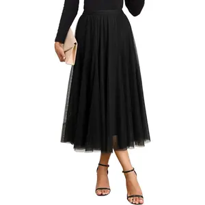Womens Tulle Skirt Elastic High Waisted A-Line Layered Flowy Long Skirts Date Night Outfit