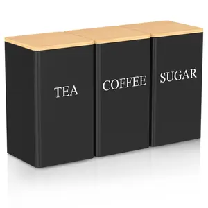 Coffee & Sugar & Tea Jar Set, 3 Counts/set Wooden Lid Food Storage Container, Kitchen Counter Food Storage Jar, Farmhouse Kitchen Decor, Utensils, Spice Jars