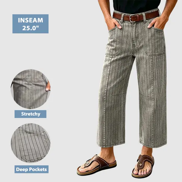 Flamingals Pinstriped High Waist Straight Leg Crop Pants Without Belt Stretchy 25'' Inseam