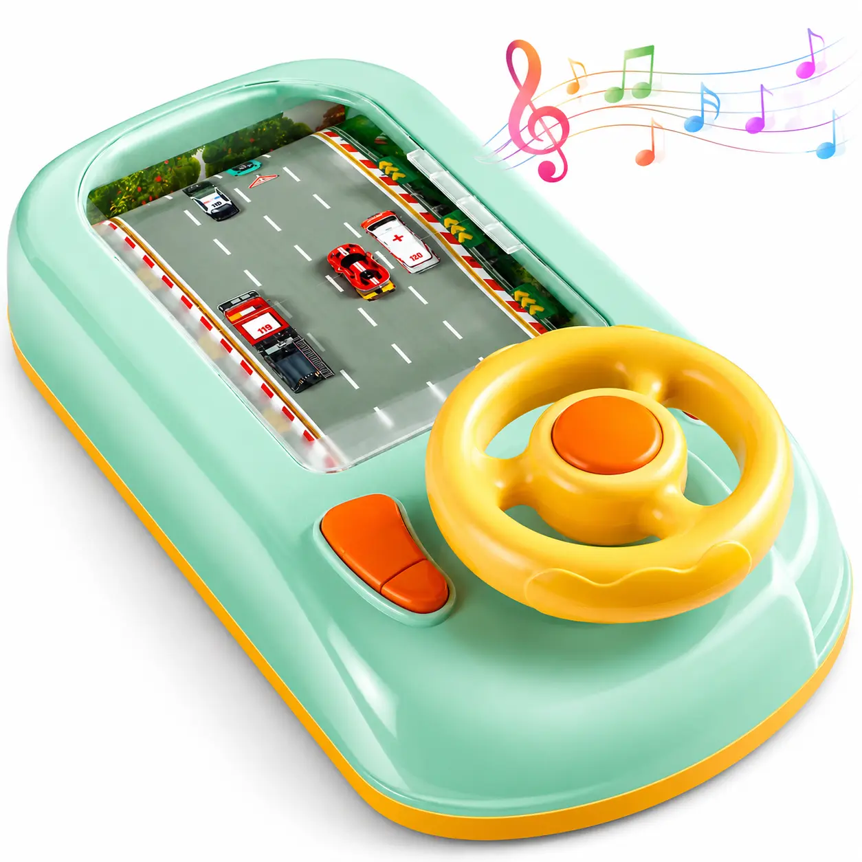 Kids Steering Wheel Toy for Toddlers, Simulated Driving Toy with Moving Road Track, Music, Light Effects & Speed Control, Interactive Car Adventure Toy Gift