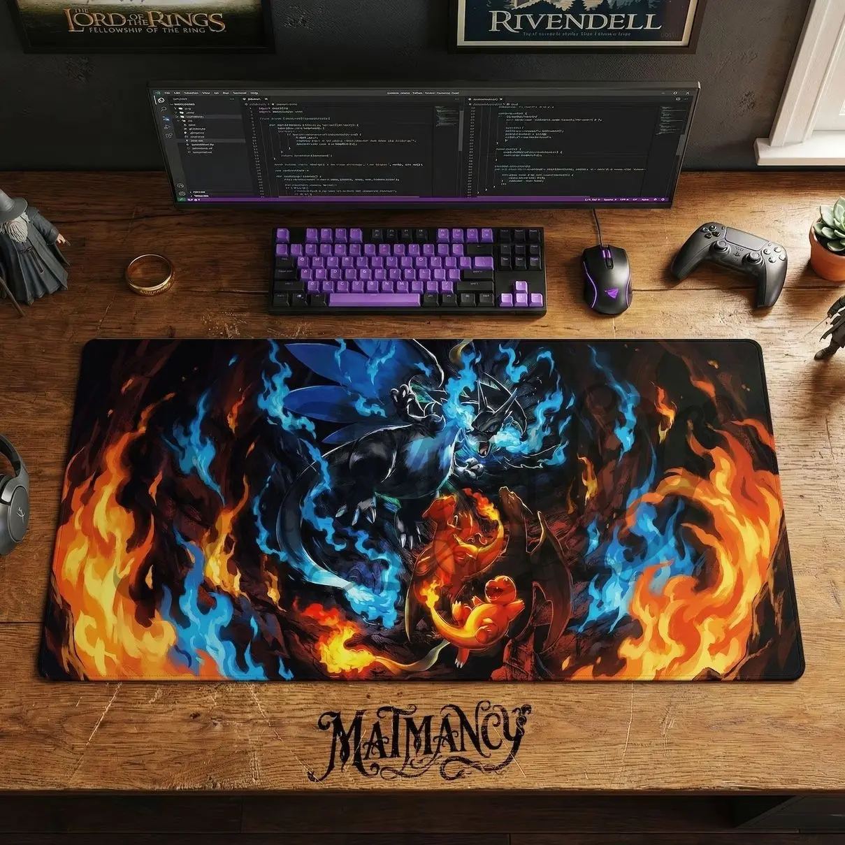 Mega Charizard X Desk Mat, Charmander Evolution Mouse Pad, Blue Fire Anime Gaming Setup, Pokemon Chair Mat