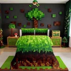 Pixelated Bedding Set,Patchwork Grid Video Games Comforter Set,Miners Lattice Simple Quilt Comforter,Brown Green Room Decor All Season