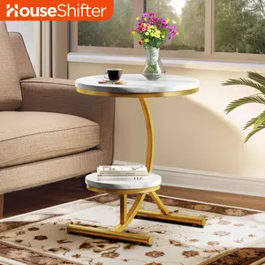 2 Tier Modern Accent Round 19" White Faux Marble Sofa Side End Table Living Room