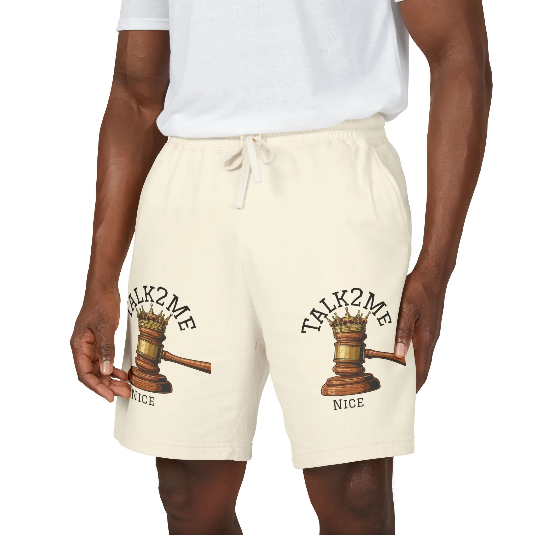 Graphic Sweat Shorts — 'Talk2Me Nice' Gavel & 'Rectified Love' Crown Design