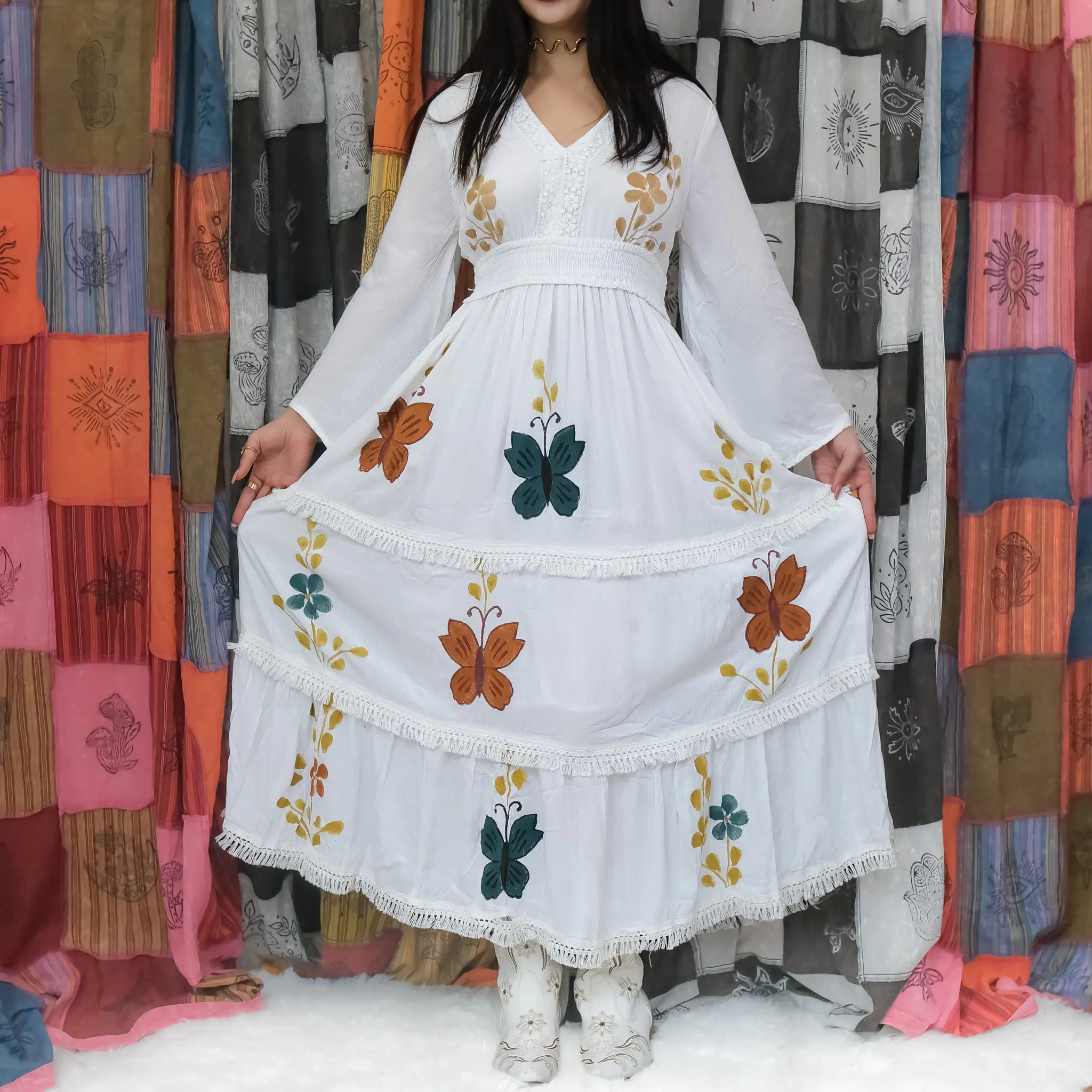 Boho Butterfly Print Tiered Maxi Dress with Bell Sleeves, Flowy Whimsy Cottage core Dress, Fairycore Lace Trim Smocked Waist Maxi Dress