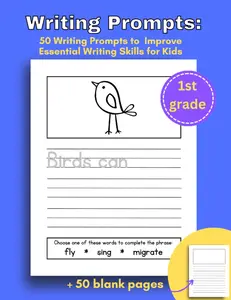 Writing Prompts: 50 Writing Prompts to Improve Essential Writing Skills for Kids + 50 blank pages: With Large area for drawing, Suggest words to help ... that can be traced to practice handwriting.