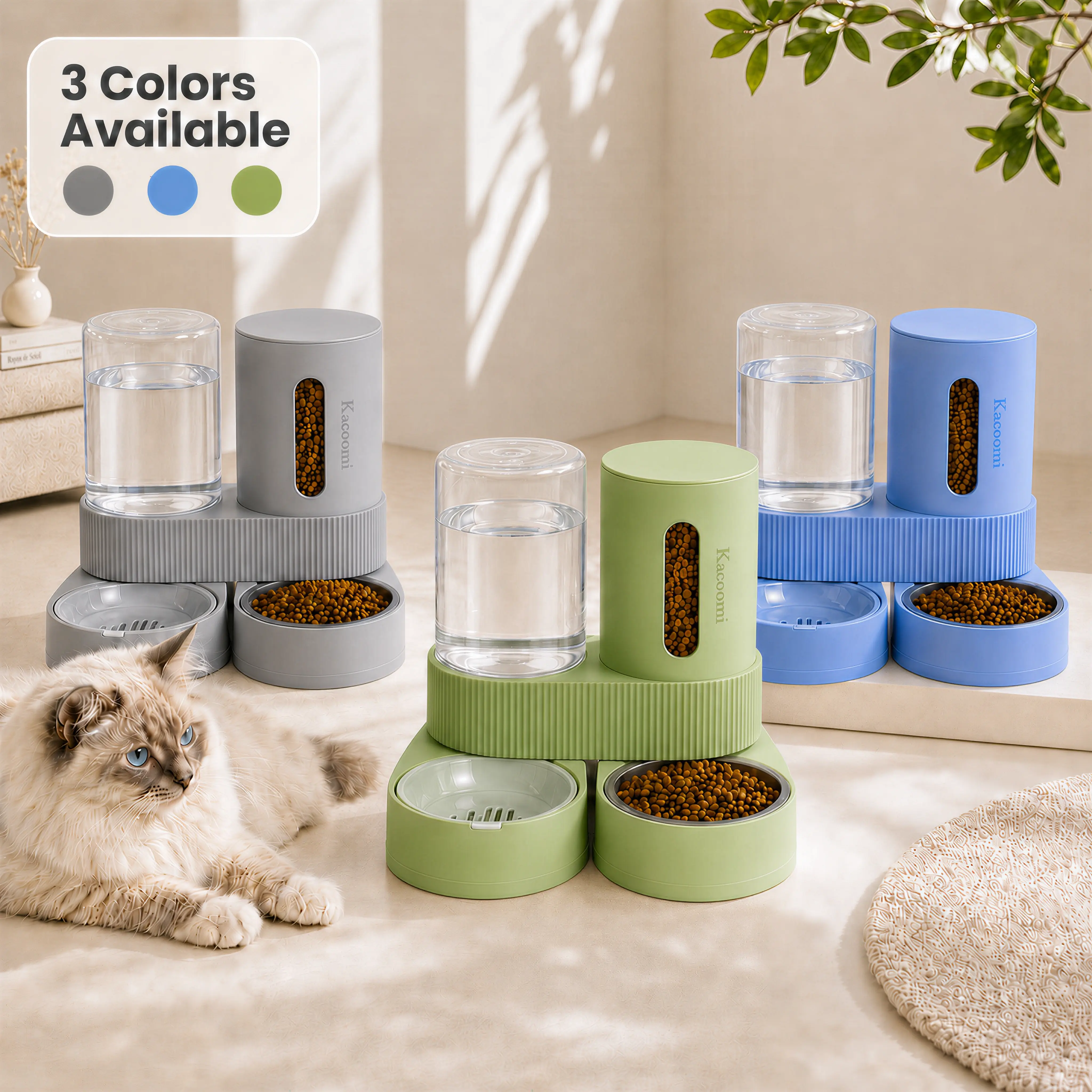 Kacoomi 2 Pack Gravity Pet Feeder and Water Dispenser Set for Cats and Small Dogs, Large Capacity With Stainless Steel Bowl