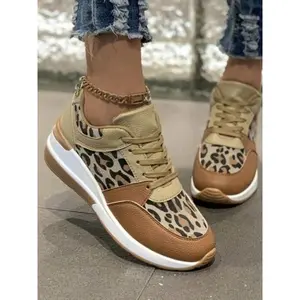 Women's Fashion Leopard Print Lace Up Low Top Sneakers, Casual Comfortable Sports Shoes for Daily Wear, Female All-match Round Toe Shoes for Spring & Fall