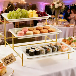 1PC 12" x 6.5" food tray, 3-layer plastic serving tray, party supplies, white reusable tray with metal display stand, suitable for vegetables, fruits, desserts