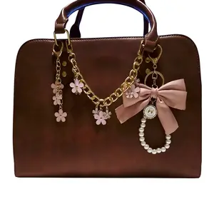 Blush Garden Pearl Bag Charm Set – Floral Gold Chain, Satin Bow & Pearl Wristlet