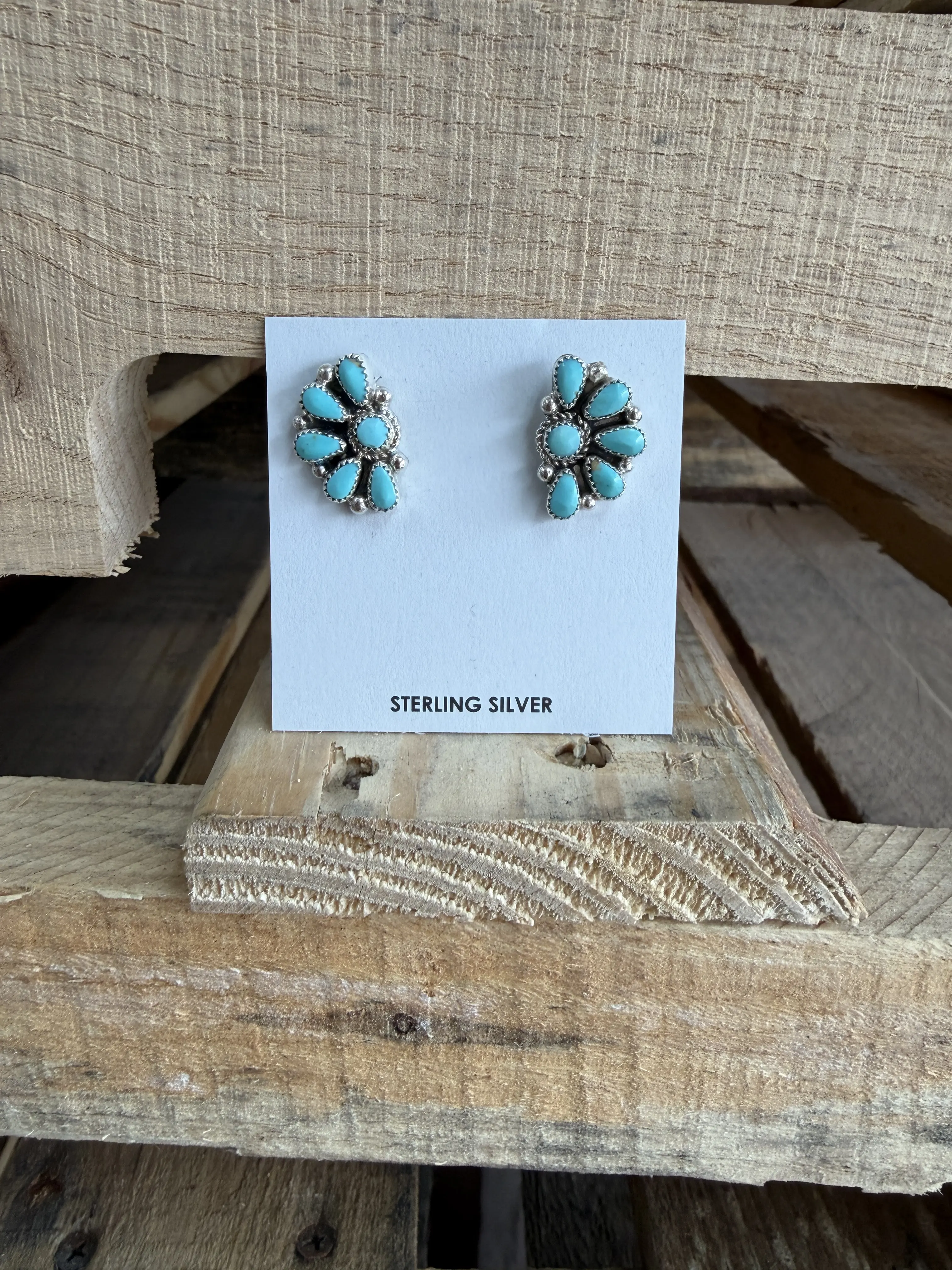Turquoise Cluster Stud Earrings – Genuine Turquoise & 925 Sterling Silver