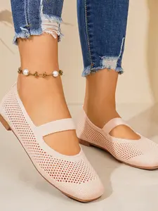 2026 Summer New Breathable Mesh Knit Mary Jane Shoes for Women, Square Toe Soft Sole Flat Shoes, Comfortable Ballet Flats, Casual All-Season Walking Shoes