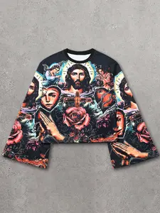 Trendy Men's Long Sleeve Top, Round Neck Pullover Sweatshirt, Religious Graphic Art Print, Bell Sleeve Short Design, Casual Streetwear Fashion