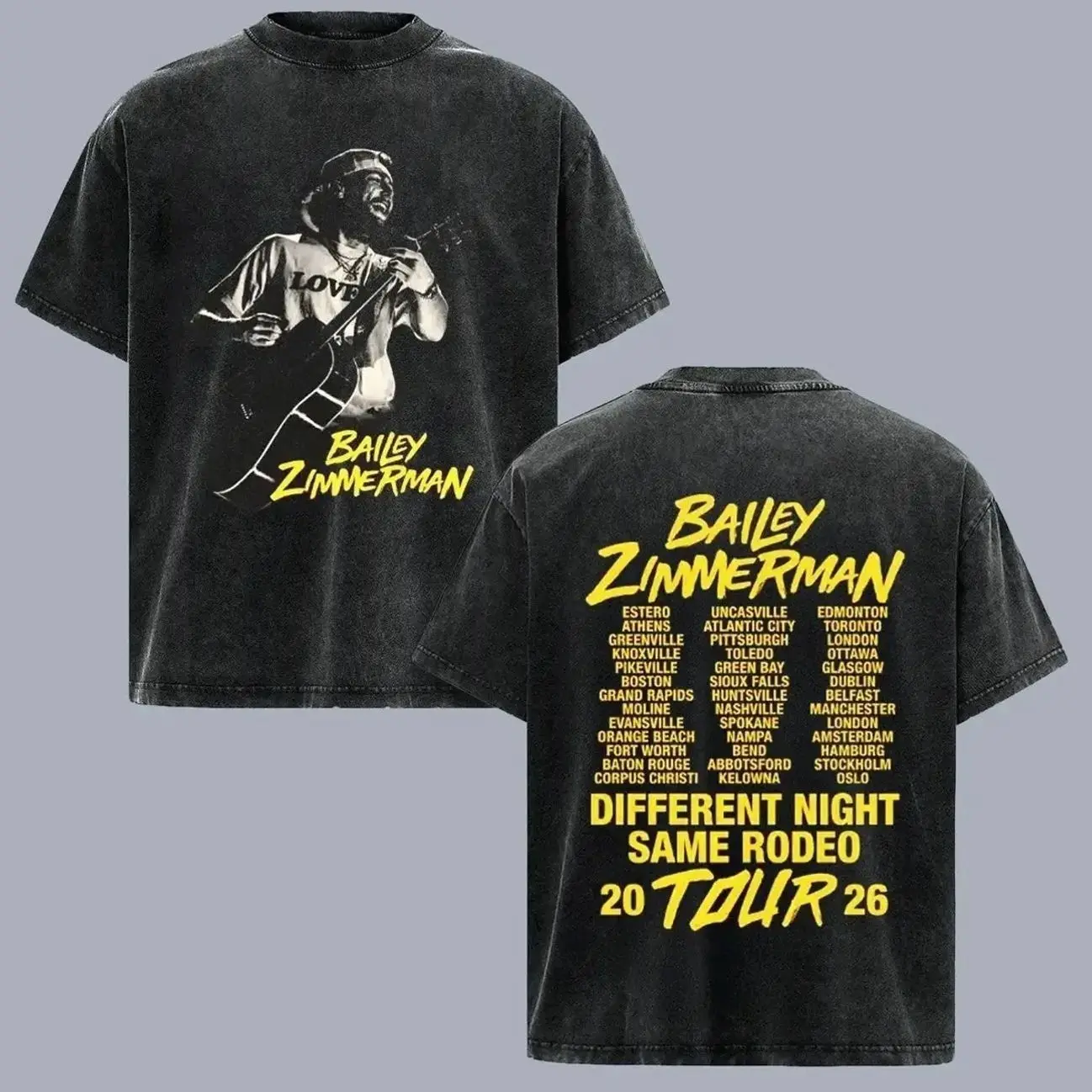 Bailey Zimmerman Different Night Same Rodeo Tour 2026 Vintage Washed T Shirt, Double Sided Country Music Graphic Tee, Retro Western Cowboy Concert Shirt, Oversized Heavyweight Unisex Fan Merch Gift for Country Music Lovers MRO 7EK