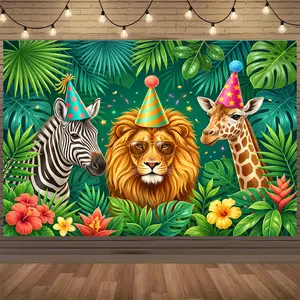 Animal Party Zebra Lion Giraffe Backdrop, Durable Polyester Indoor Outdoor Photo Booth Wall Decor for Birthday Anniversary Wedding Celebration, Party Banner