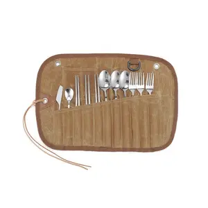 Outdoor Utensil Storage Bag Set, Stainless Steel Spoon Chopsticks Forks Wax Canvas, Durable Picnic Organizer, Portable Cutlery Holder
