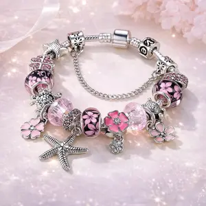 Women’s Pink Charm Bracelet Adjustable Size, Silver Tone Bracelet with Glass Beads, Flower & Starfish Charms, Fashion Jewelry Gift