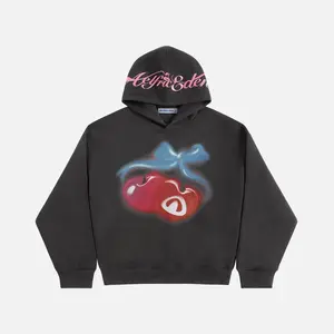 Aelfric Eden Unisex Oversized Boxy Cherry Pattern Pullover Hoodie Washed Hoodie Vintage Street Trendy Y2k Hooded Pullover Tops