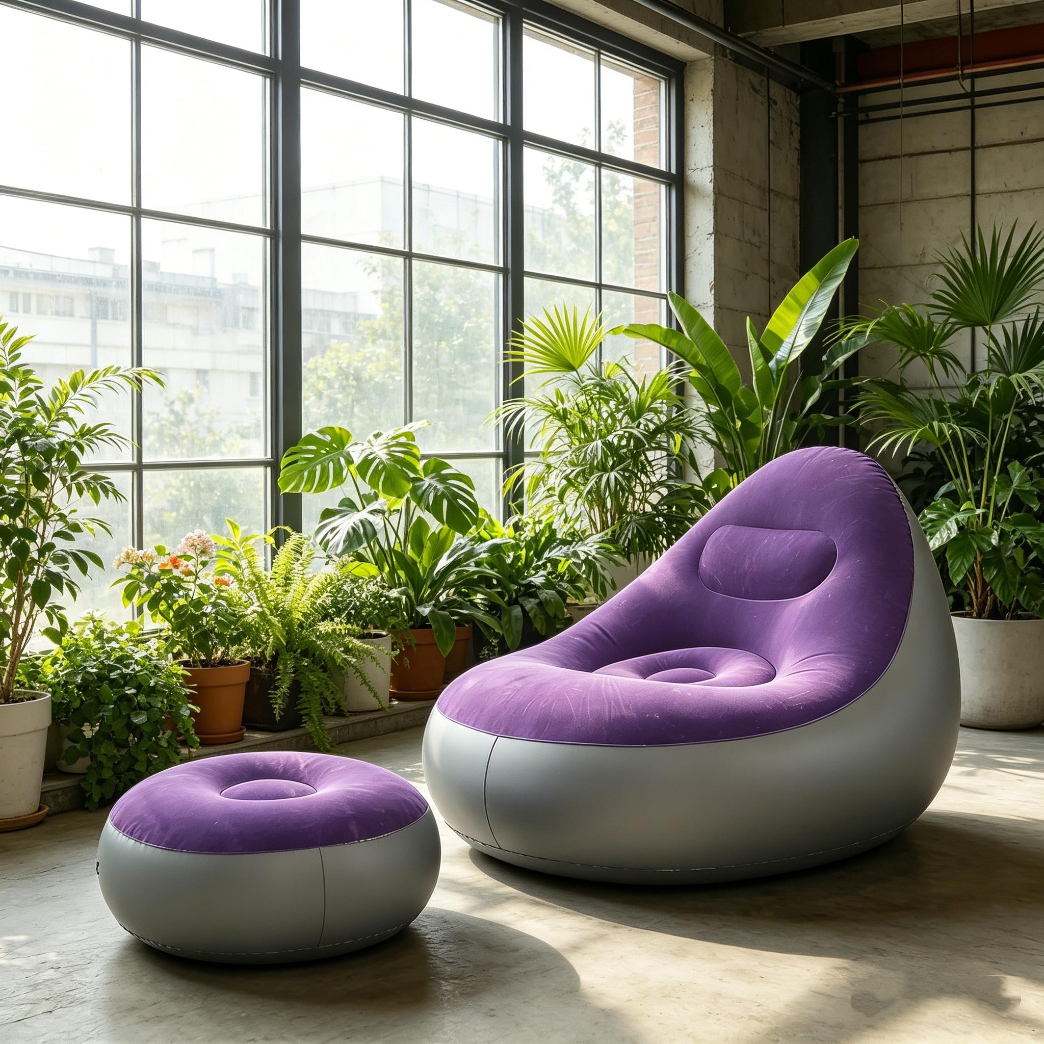 1pc purple Foldable Inflatable Recliner with Footrest, Comfortable Flocked Nylon Texture, Portable Lightweight Lounge Sofa for Home Bedroom Balcony Camping Outdoor Use