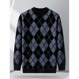 Men'S Luxury Mink Fur Sweater - Thick Winter Warmth, Wrinkle & Shrink Resistant, -Pilling & Breathable, Elegant Houndstooth Pattern (Black/Brown/Tan), Slim Fit Round Neck Pullover for Casual & Formal Outdoors, Hiking, Evening Dates - Durable Knit Sweater