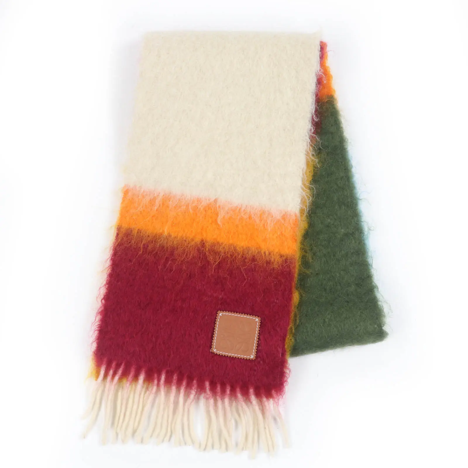 Pre-owned Loewe Others Small Leather Goods Monogram Leather Patch Fringe Mohair Scarf