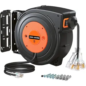 12 Gauge Extension Cord Reel, 45 FT Retractable Extension Cord, 12 AWG/3C SJTOW Heavy Duty Power Cord, 15 AMP Circuit Breaker, Lighted Triple Tap, Ceiling or Wall Mount, ETL Listed, Orange