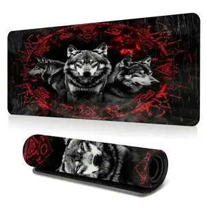 Red Neon Wolf Pack Large-Sized Gaming Mouse Pad, Mystic Tribal Symbols Wolf Desktop Protection Pad, Anti-Slip Rubber Lock Edge High-Definition Printing, Suitable For Gamers, Perfect Gift For Wolf & Wildlife Lovers