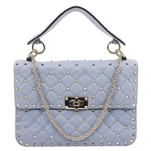 Pre-owned Valentino Leather Shoulder Bags Rockstud Spike Medium Quilted Shoulder Bag Light Blue