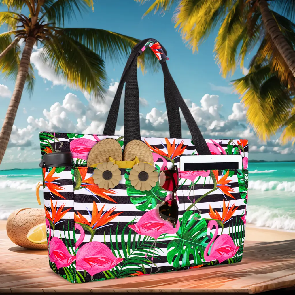 Extra Large Beach Bag Waterproof Beach Totes Bags for Women, Flamingo Print Pattern, Lightweight Foldable Pool Bag with Zipper Wet Compartment