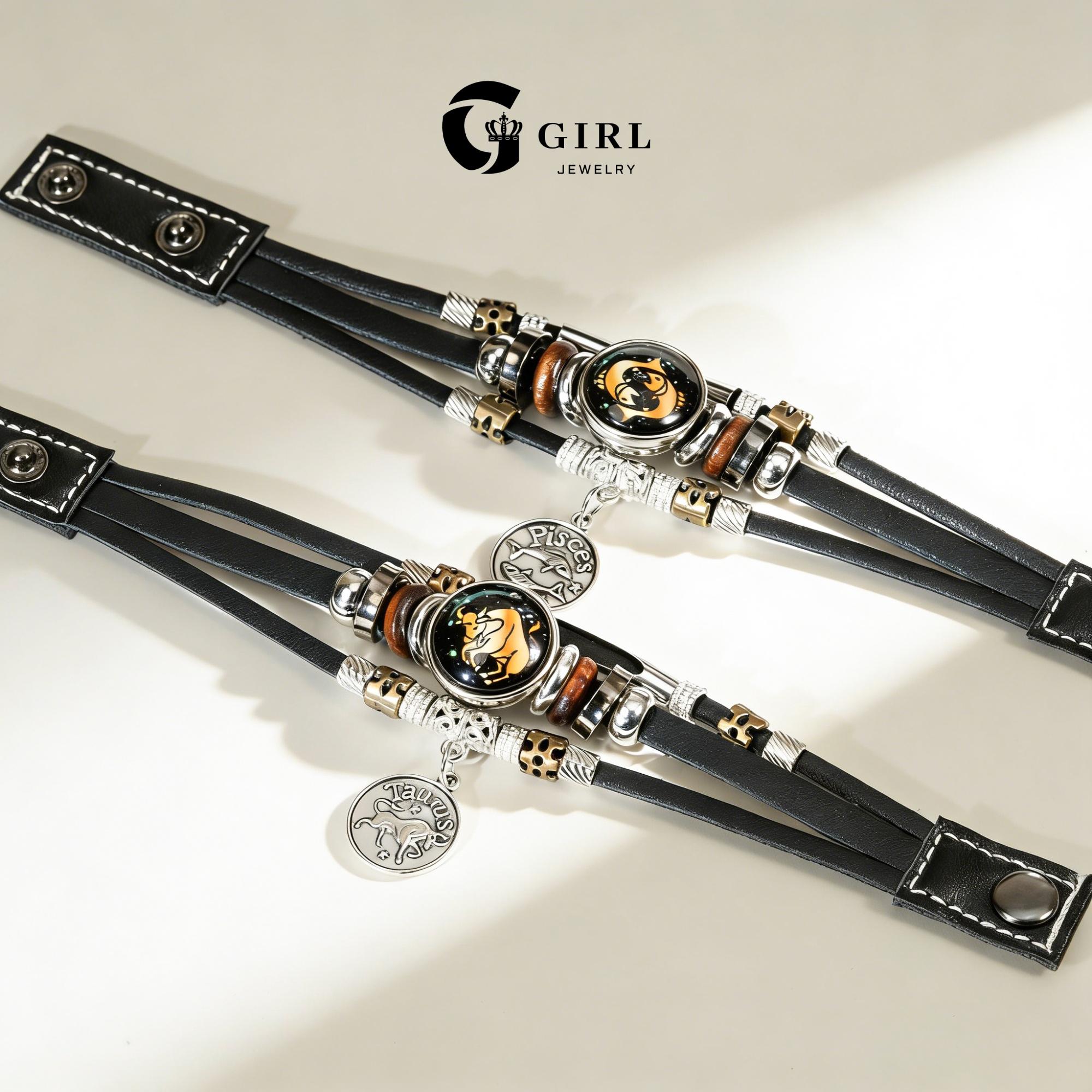 GGIRL 12 Constellation Vintage Bracelet for Men Women Braided Punk Leather Bracelets Gift Glow in The Dark Bracelet