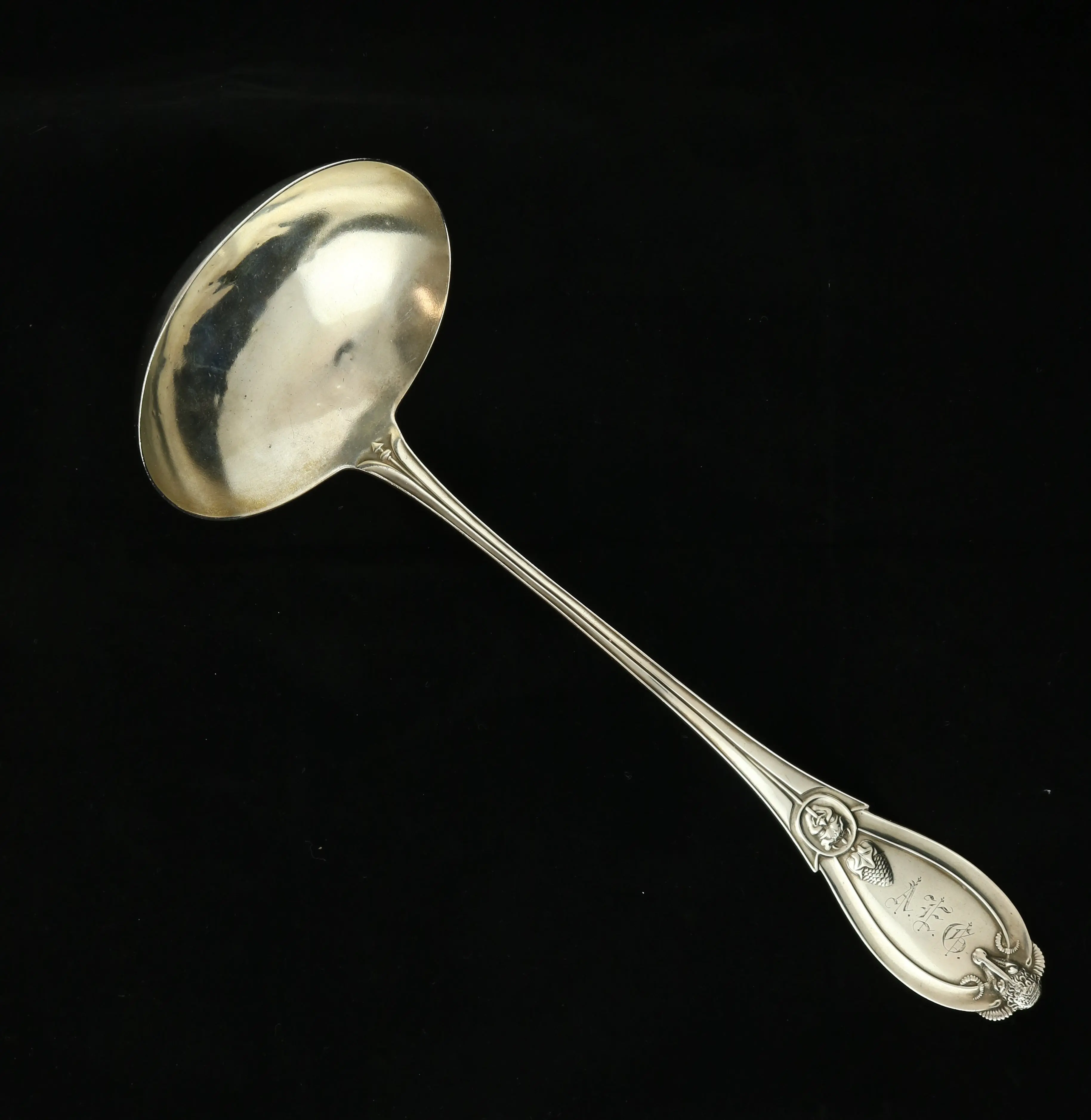 Sterling Silver Grecian Soup Ladle - 13.25 in Figural Handle with Dionysus Head, 1862 Mono, Metal Cutlery & Tableware with Grecian Theme, Greek Mythology