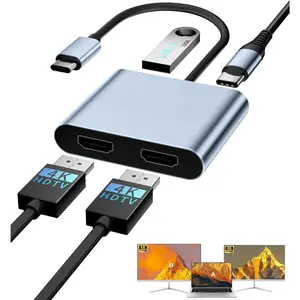 USB C to Dual HDMI Adapter, 4K@60Hz Type C to HDTV Splitter for 2 Monitors, USB 3.0 PD 100W, Dual HDMI Extend Display for MacBook Air/Pro, XPS,  Laptops with Thunderbolt 3/4 Ports