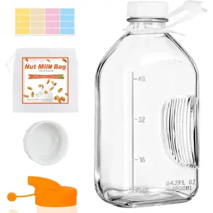 2 Quart (64 Oz) Glass Milk Bottle with Handle, Water Jug with Scale/Nut Milk Bag/Pour Spout/Airtight Lid,  Carafe Container Pitcher for Milk, , Juice, Coffee Beverage-1/2 Gal 1 Pack
