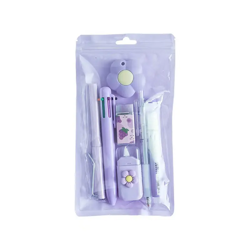 7-Piece Pink & Purple Kawaii Office Stationery Set (2 Sets) for Boys, Girly Aesthetic Supplies - 6-in 1 Ballpoint Pen, Eternal Pencil, Pencil Sharpener, Highlighter, Correction Tape, Ruler, Utility Knife, A5 Notebook, Electric Eraser, Money Savings Book