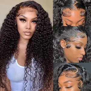 5x5 HD Transparent Lace Closure Deep Curly Wigs Human Hair for Black Women - 180% Density Pre Plucked Hairline Glueless Wet and Wavy Curly Human Hair Wig Natural Black
