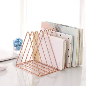 9 Slot Rose Gold Magazine Holder, Desktop File Sorter Organizer Triangle Bookshelf Decor for Home Office, 10.2" L x 7" W x 6.9" H, Iron Wire