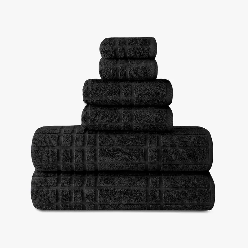 Unisex 6-Piece Solid Textured Black Cotton Bath Towel Set - Absorbent Quick Dry, Water Absorbent, Soft on Skin, Fade Resistant, Machine Washable, Modern, Hand-Use Compatible, Durable, Non-Toxic, Built for Frequent Use