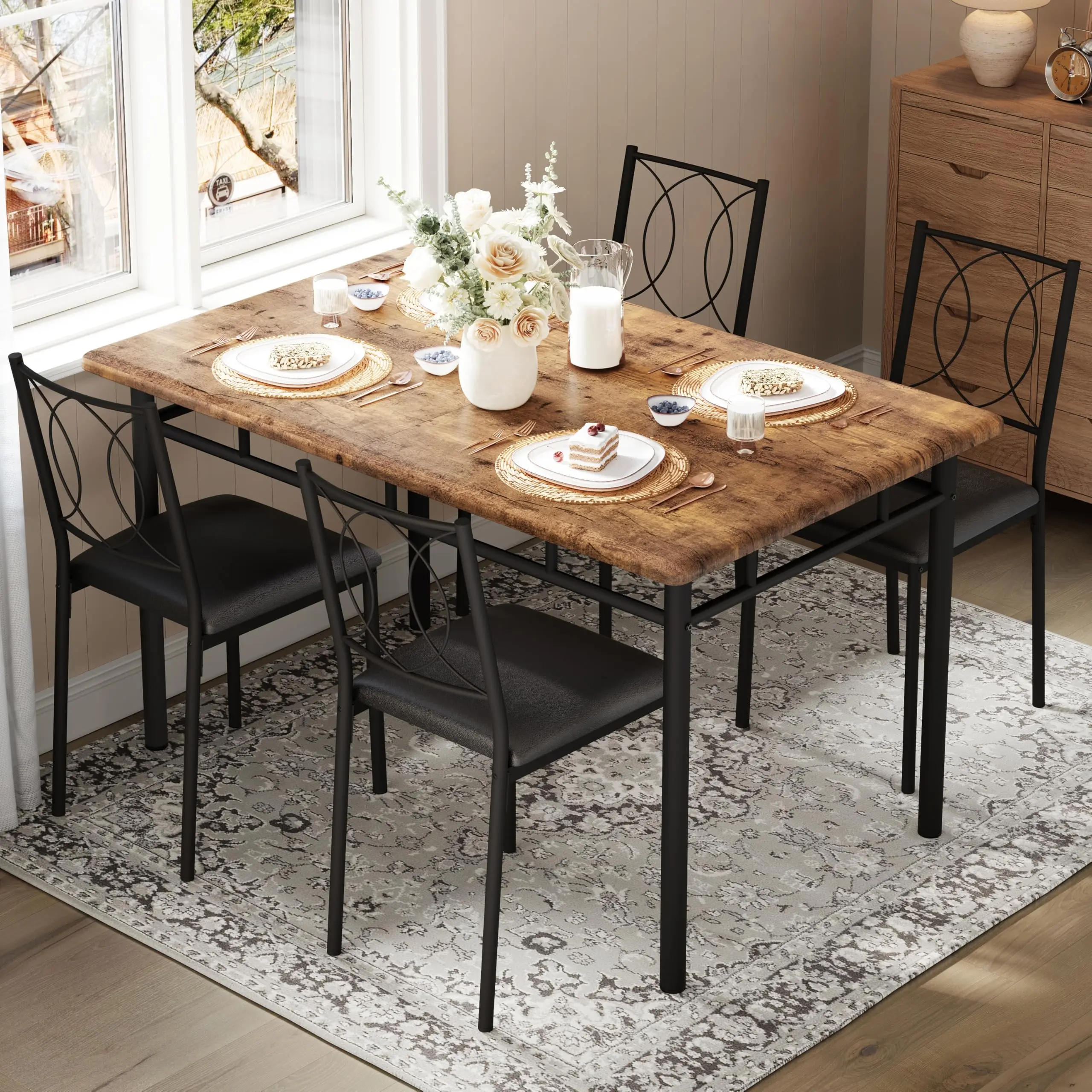 Garvee Dining Set for Small Spaces - 4-Person Wooden Farmhouse Table with Upholstered Chairs, Perfect for Kitchen, Dining Room, Apartments, and Cafés