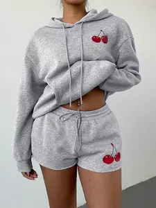 Women's Cherry Print Knit Hoodie, Casual Long Sleeve Hoodie, Ladies Fall & Winter Clothes for Daily Wear