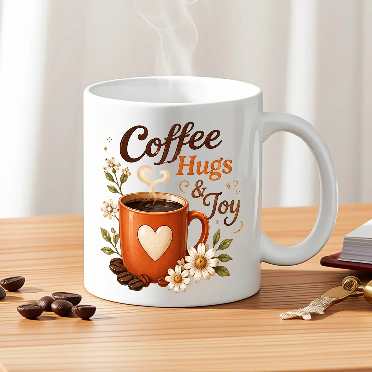 11oz Ceramic Coffee Mug Coffee Hugs & Joy Floral Coffee Cup Warm Positive Quote Home Office Daily Drink Cup Cute Gift For Coffee Lovers