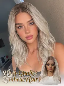 Topshe 13*6 HD Lace Fiber Hairpiece, Platinum Gradient Medium-Length Wavy Wig, Pre-Trimmed Hairline, Easy to Wear, Beginner-Friendly, Synthetic Wig