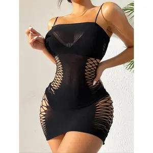 Women's Sexy Solid Backless Hollow Out Sheer Cami Cover Up Dress, Casual Spaghetti Strap Bodycon Dress for Beach Holiday Vacation, Ladies Summer Clothes