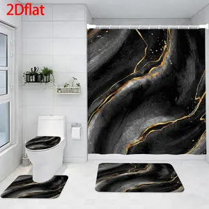 4-Piece Bathroom Sets Full Set Black and Gold Marble Pattern Four-Piece Curtain Set Elegant Decor Shower Bath funny Accessories U-Shaped floor Seat Cover Cushion Toilet Lid Rug Carpet Non-Slip  Shape Mat Gifts Style toilet waterproof
