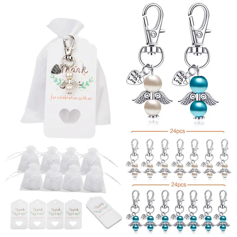 48 Baptism Guardian Angel Gift Favor Sets with Transparent Drawstring Organza Bags, Paper Pendants, Photo-Worthy Antique Chocolate Souvenirs for Baptism Celebrations