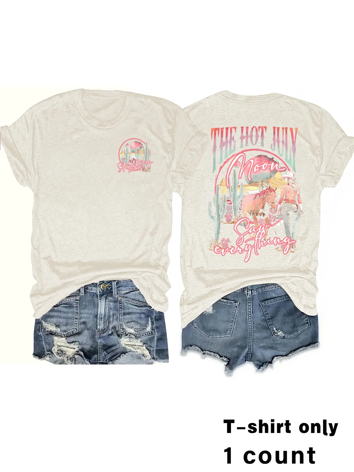 Spring Summer Western Vintage Denim Print Round Neck T-Shirt, Fashion Comfort Casual Streetwear Tee, Aesthetic Rodeo Tee, Trendy Graphic Women's T-Shirt, Breathable, Fitted and Versatile Fit, Womenswear