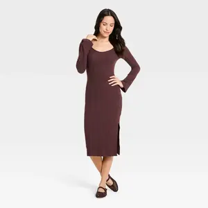 Women's Bell Long Sleeve Rib Bodycon Dress - Universal Thread Brown XS