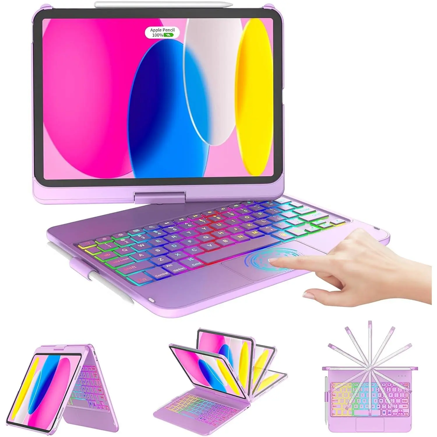 iPad Case with Wireless Keyboard & USB Accessories - 7-Color Backlit, 360° Swivel, Multi-Touch Trackpad, Pencil Holder, Adjustable Compact Design for 11-inch A16 (2025), 10th Gen 10.9-inch (2022) (Light Purple), Tablet, Auto Sleep/Wake