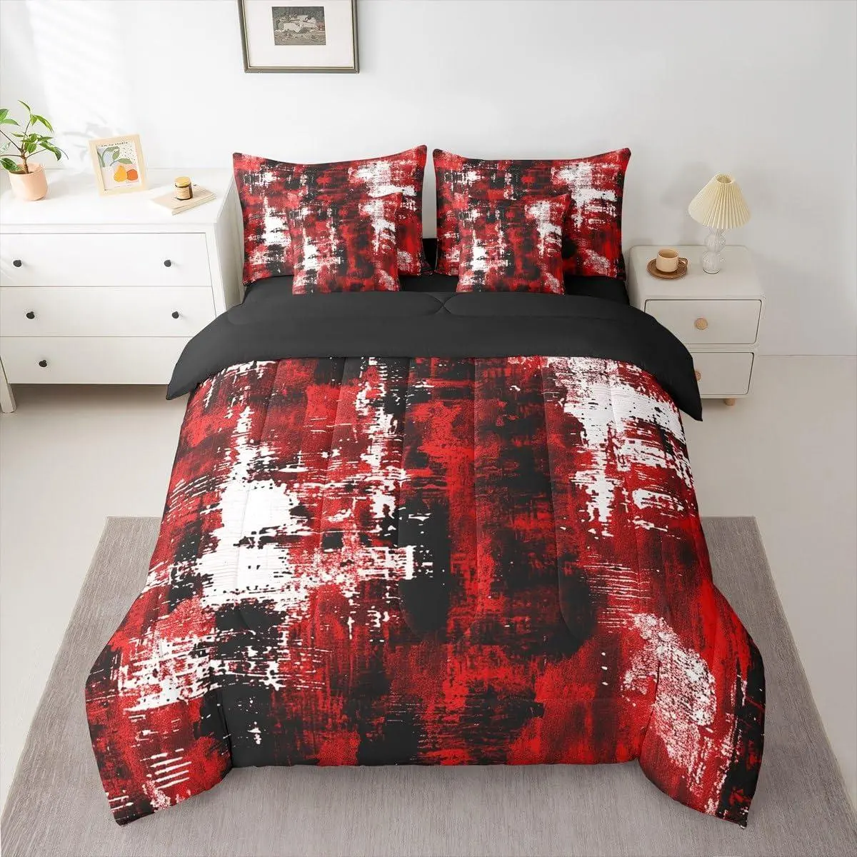 Abstract Comforter Set with Sheets for Kids Boys Girls Modern Abstract Art 7 Pieces Bedding Set Black Red Bed in a Bag Luxury Room Decor Geometric Soft Lightweight Microfiber